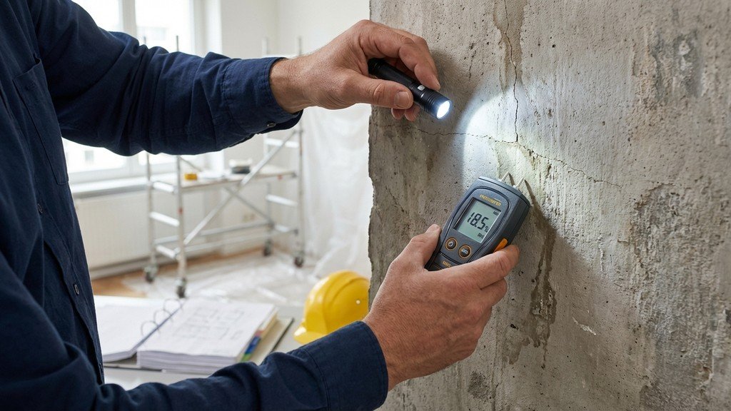 מהנדס קונסטרוקציה בוחן תוכניות הנדסיות על רקע מבנה בשיקום
