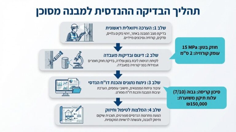 מהנדס קונסטרוקטור בוחן נזקי שלד במהלך שיקום מבנה לאחר שריפה