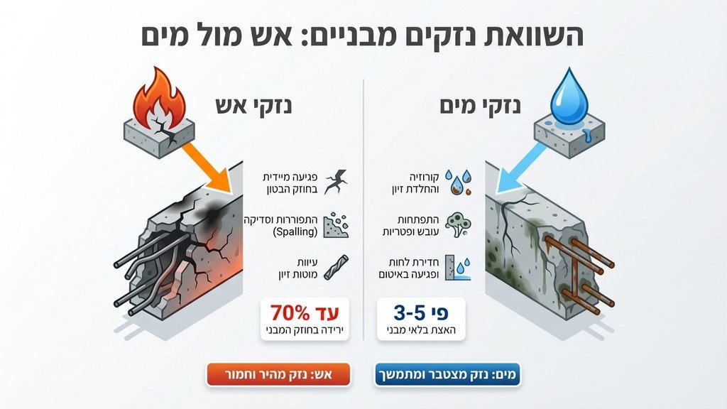 נוצר על ידי מודל בינה מלאכותית Gemini Pro השוואת נזקי מים ואש בתהליך שיקום מבנים